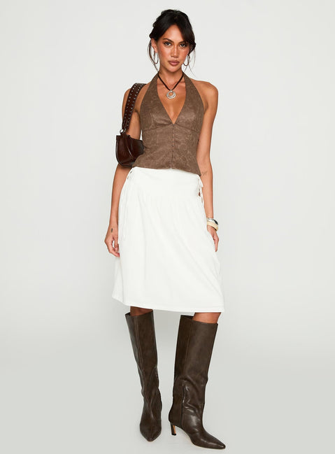 back view of model wearing Princess Polly Down The Line Halter Top Brown Sleeveless Plunger 