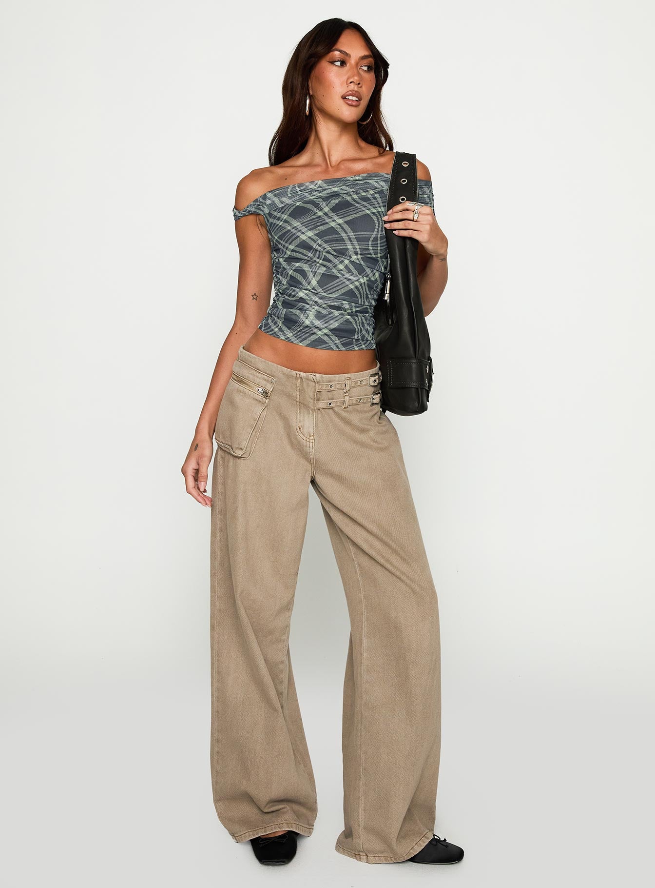 front view of model wearing Princess Polly Sweet Embrace Off Shoulder Top Multi Short Sleeves straight 