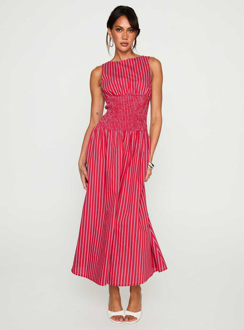 front view of model wearing Princess Polly Lilienne Cotton Poplin Maxi Dress Red Stripe Crew Neck 