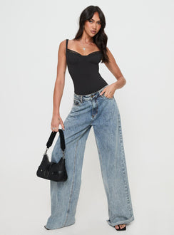 front view of model wearing Princess Polly Peekaboo Bodysuit Black Sleeveless 