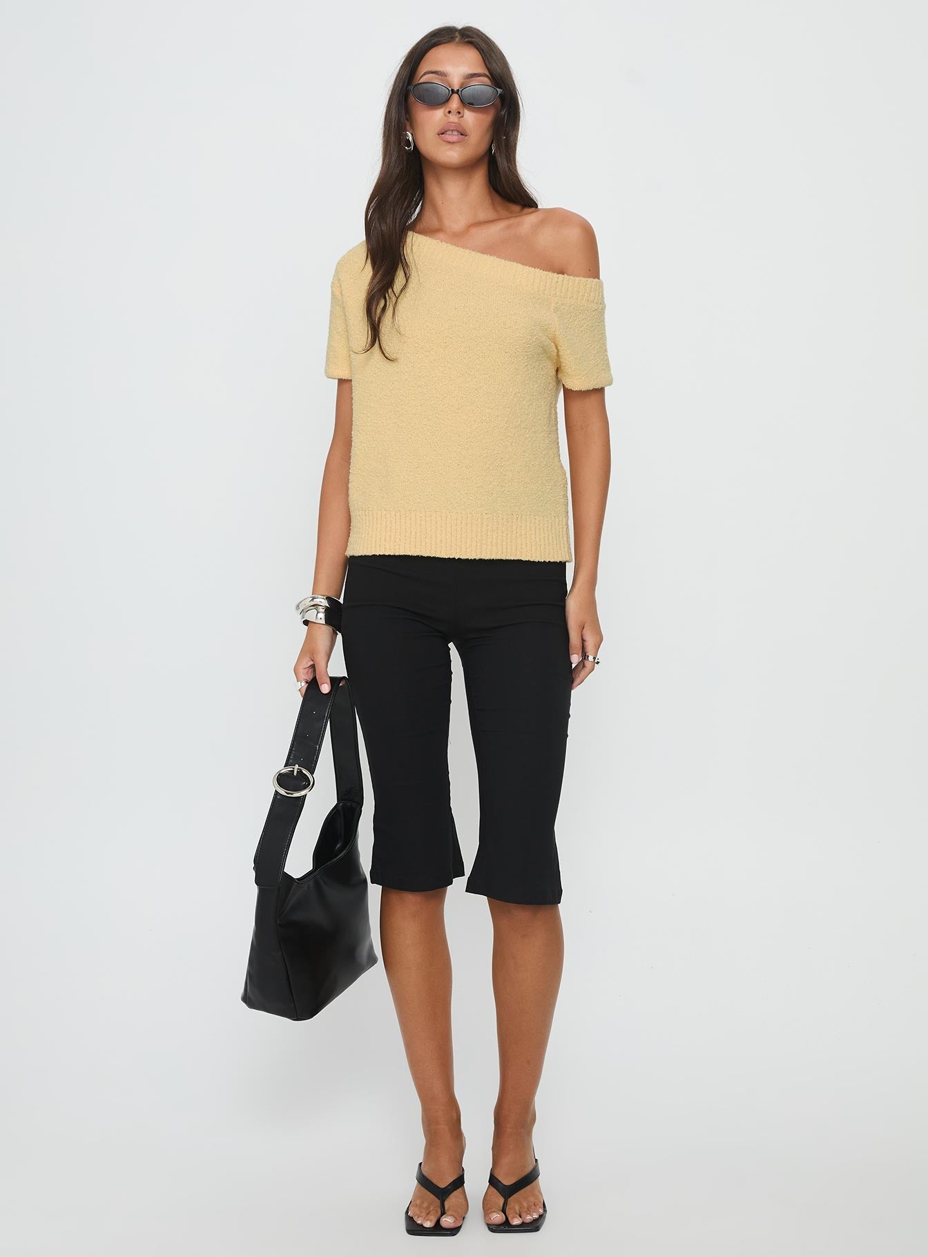 Nori Boucle Off Shoulder Slouchy Top Butter Yellow