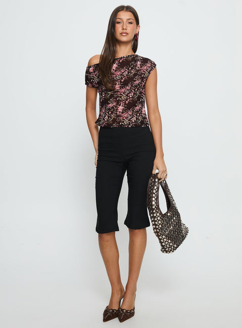 Justyna Sheer Top Off Shoulder Top Brown / Pink Floral