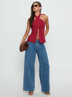 Sensational Cross Front Tie Detail Top Red Stripe