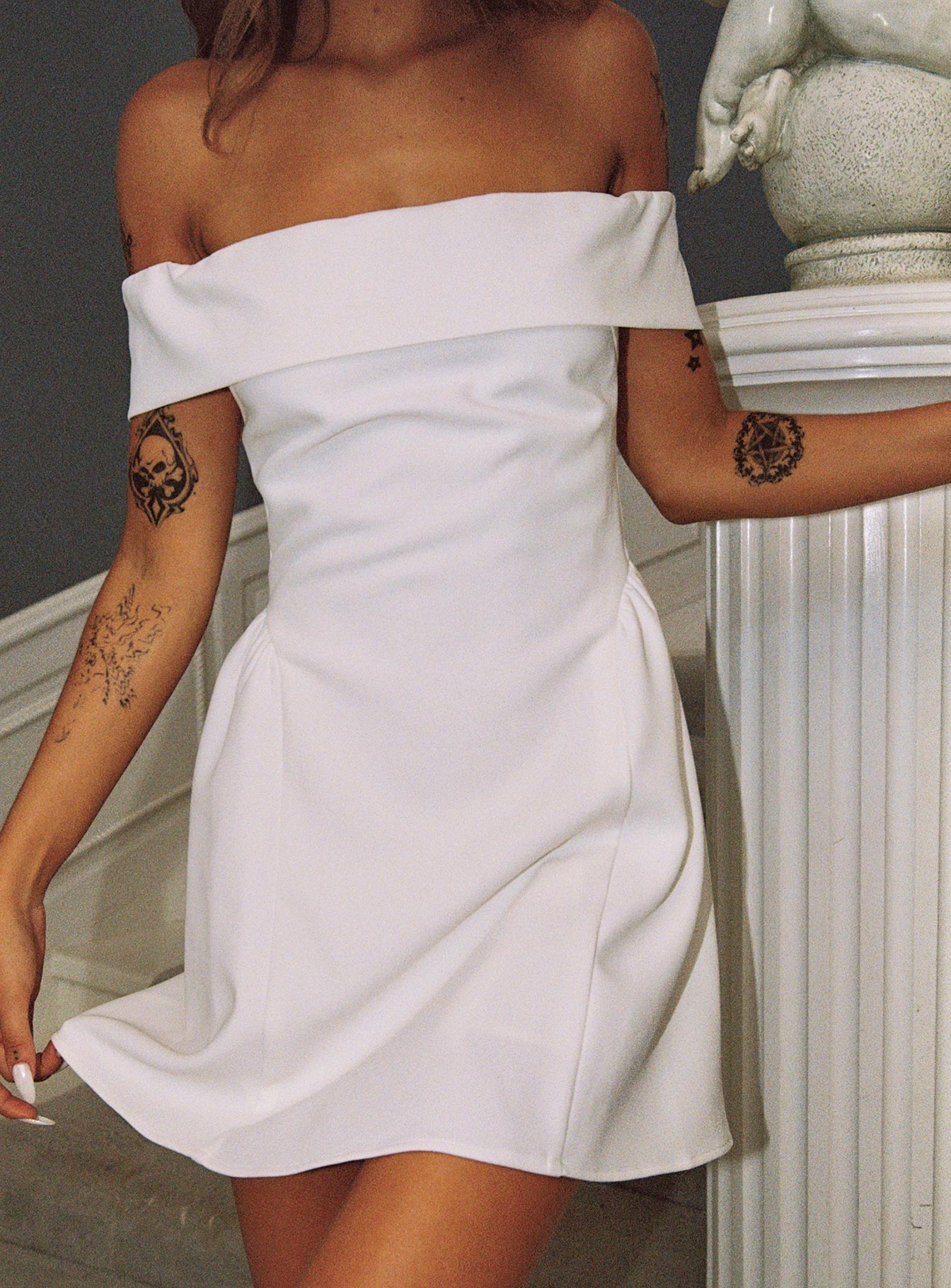 back view of model wearing Princess Polly Main Character Strapless Mini Dress White Straight Neck 