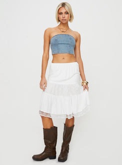 Low-rise midi skirt Elasticated band at waist lace detailing throughout, layered hem Non-stretch material, fully lined, sheer