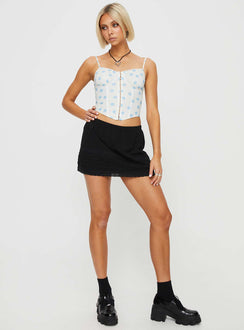 Floral corset top Adjustable shoulder straps, sweetheart neckline, wired cups, boning throughout, hook & eye fastening down front, pointed hem