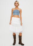 Strapless denim top Inner silicone strip at bust, shirred band at back Good stretch, unlined 