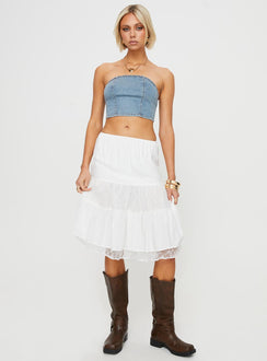 Strapless denim top Inner silicone strip at bust, shirred band at back Good stretch, unlined 