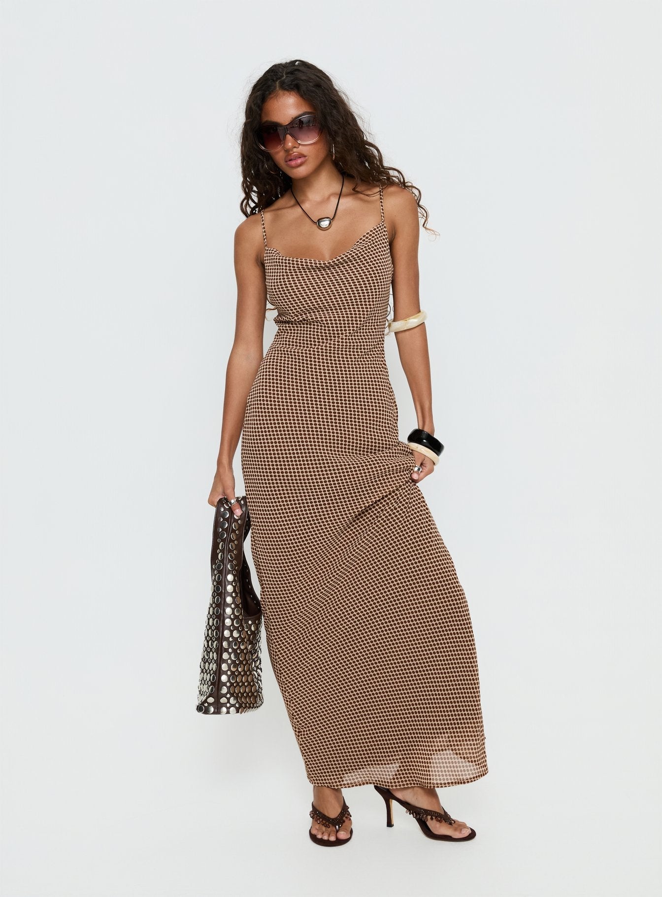 Aliah Cowl Neck Maxi Dress Brown Polka Dot