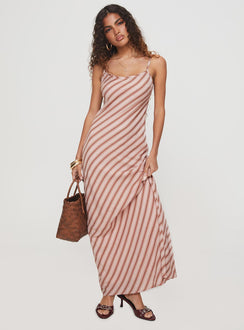 side view of model wearing Princess Polly Rianne Maxi Dress Pink Stripe Scoop Neck 