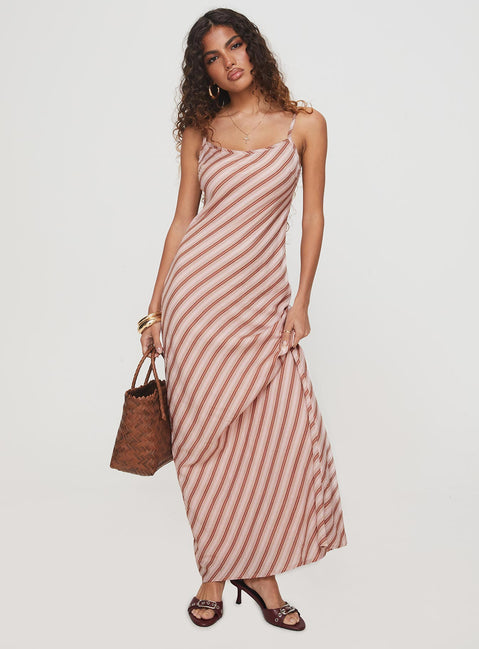 side view of model wearing Princess Polly Rianne Maxi Dress Pink Stripe Scoop Neck 