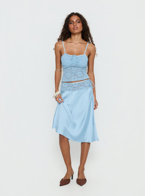Evlin Lace Detail Satin Midi Skirt Blue