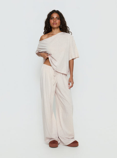 Tobie Off Shoulder Sleep Set Beige Stripe
