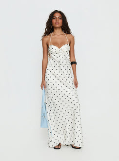 Costella Halter Satin Maxi Dress Cream Polka Dot