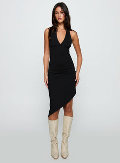 front view of model wearing Princess Polly Whimsy Asymmetrical Midi Dress Black V-Neck 