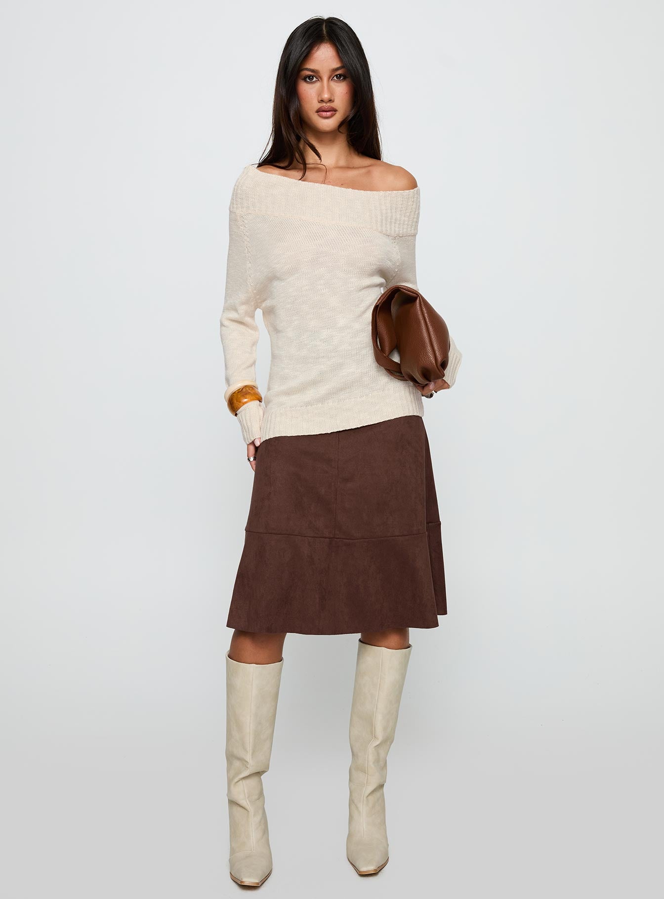 front view of model wearing Princess Polly Alyxandra Off Shoulder Knit Sweater Beige Long 