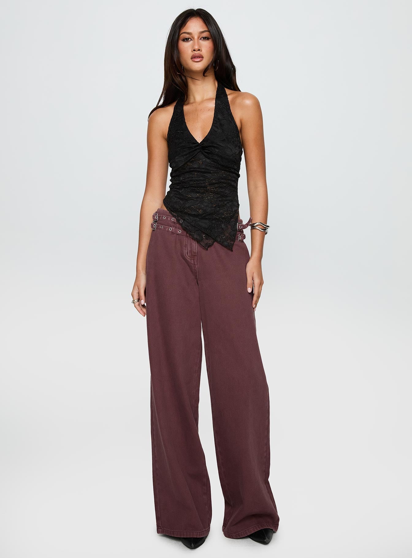 front view of model wearing Princess Polly Alviera Lace Halter Top Black Sleeveless V-Neck 