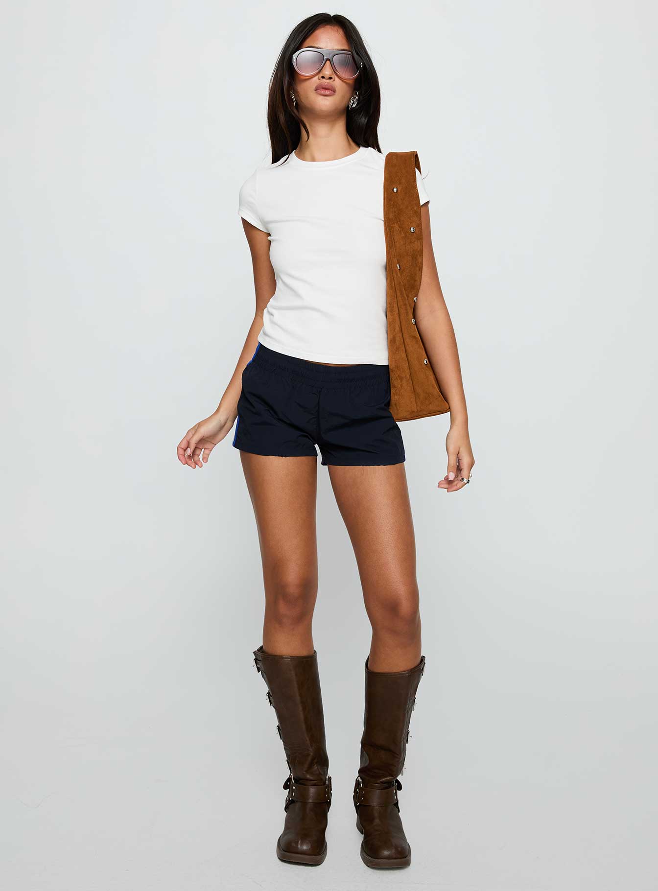 front view of model wearing Princess Polly Twilight Shorts Midnight Low Rise Shorts 