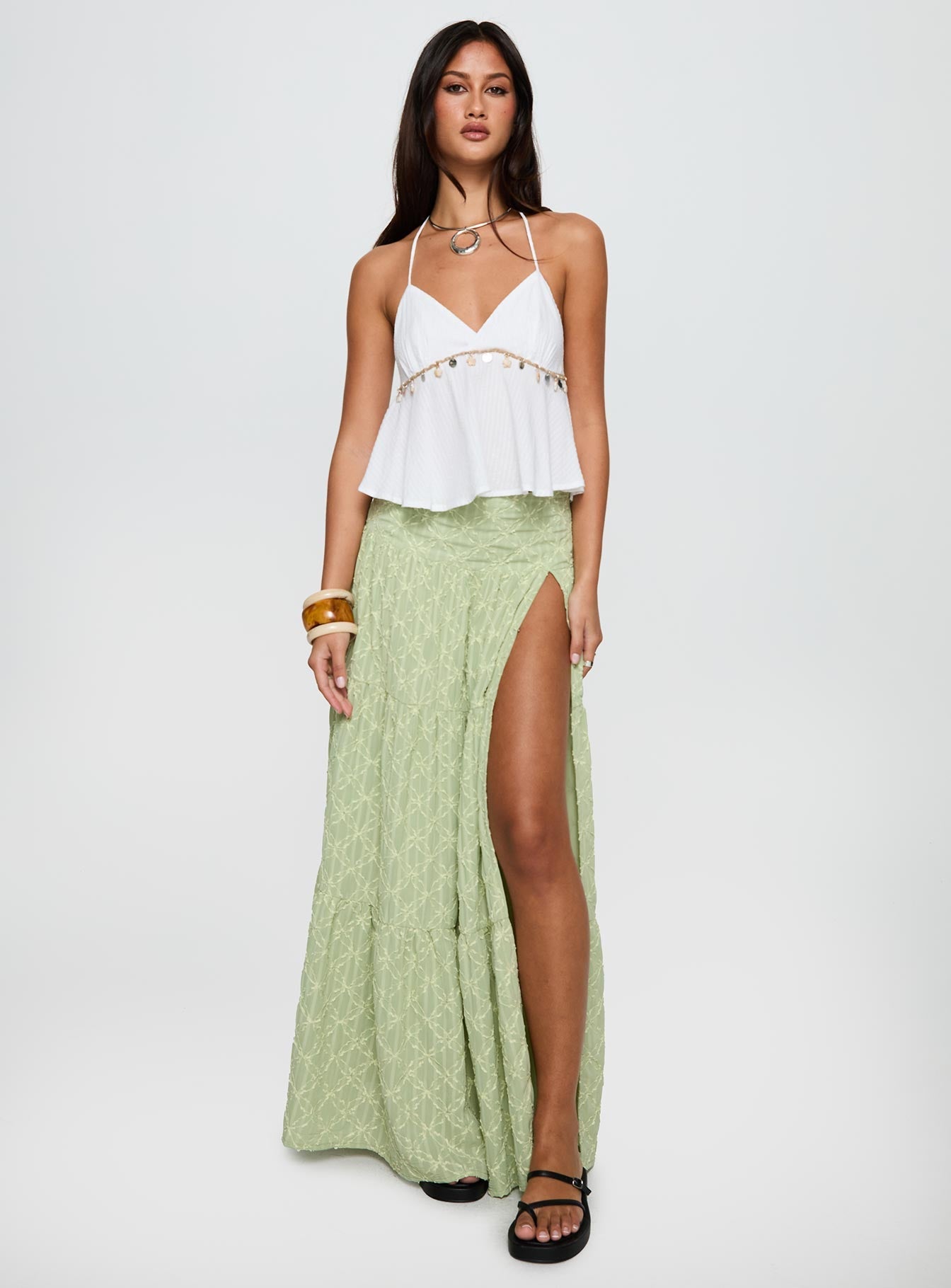   front view of model wearing Princess Polly Silver Soul Embroidered Maxi Skirt Sage Maxi 