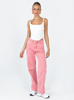 Front view of model wearing  front Princess Polly High Waisted  Regina Mom Denim Jean Pink