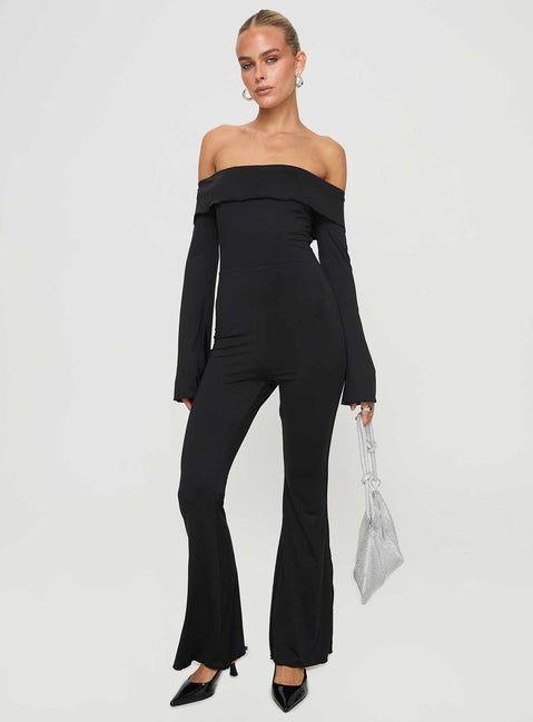 Jumpsuit Off-the-shoulder style, inner silicone strip at bust, flared sleeves with split, frill detail at bust, flared leg Good stretch, fully lined  Princess Polly Lower Impact 