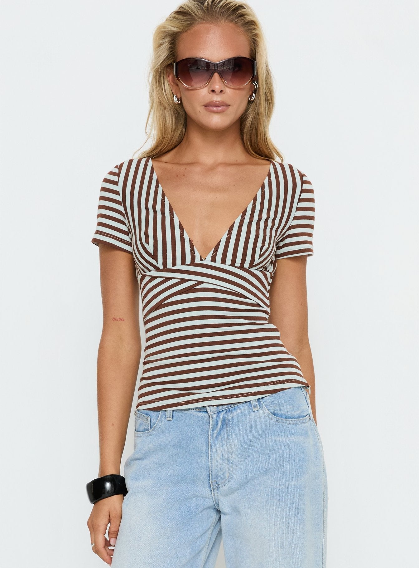 Madelon Short Sleeve Wrap Top Brown / Blue Stripe