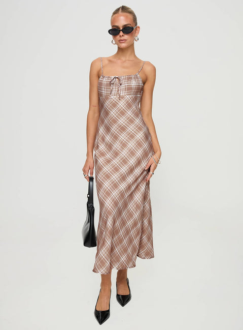 front view of model wearing Princess Polly Wallin Maxi Dress Brown Check Square Neck 