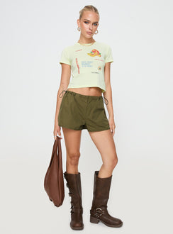 Olive Low rise shorts Drawstring waistband, twin hip pockets, dolphin hem