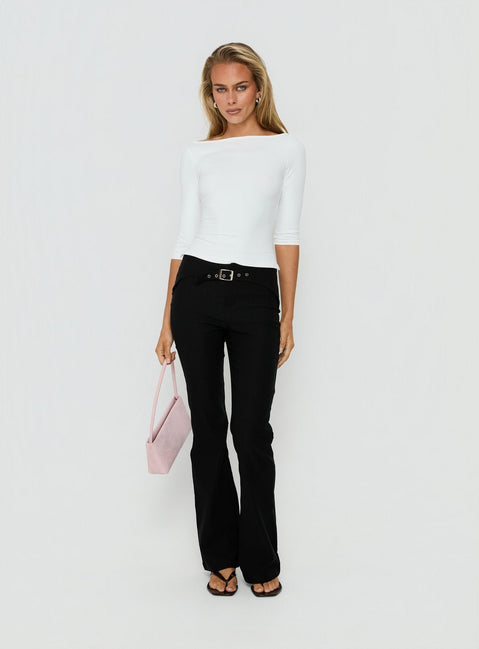 Designed with Viridian Belted Flared Pants Black womens-regular-pants in high-rise detail view of model wearing Princess Polly