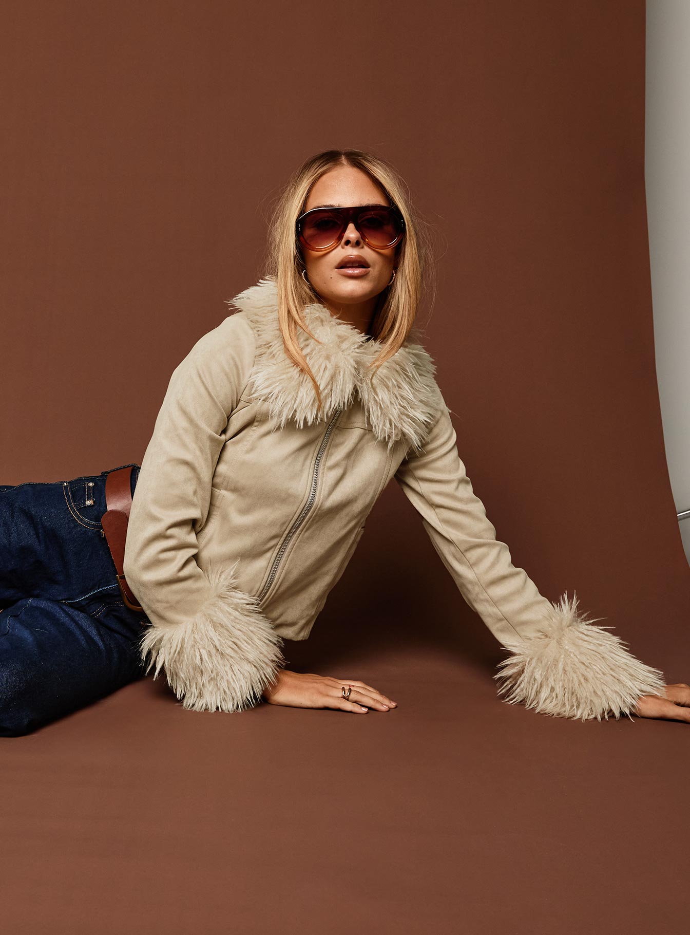 Jeanna Suede Faux Fur Detail Jacket Beige