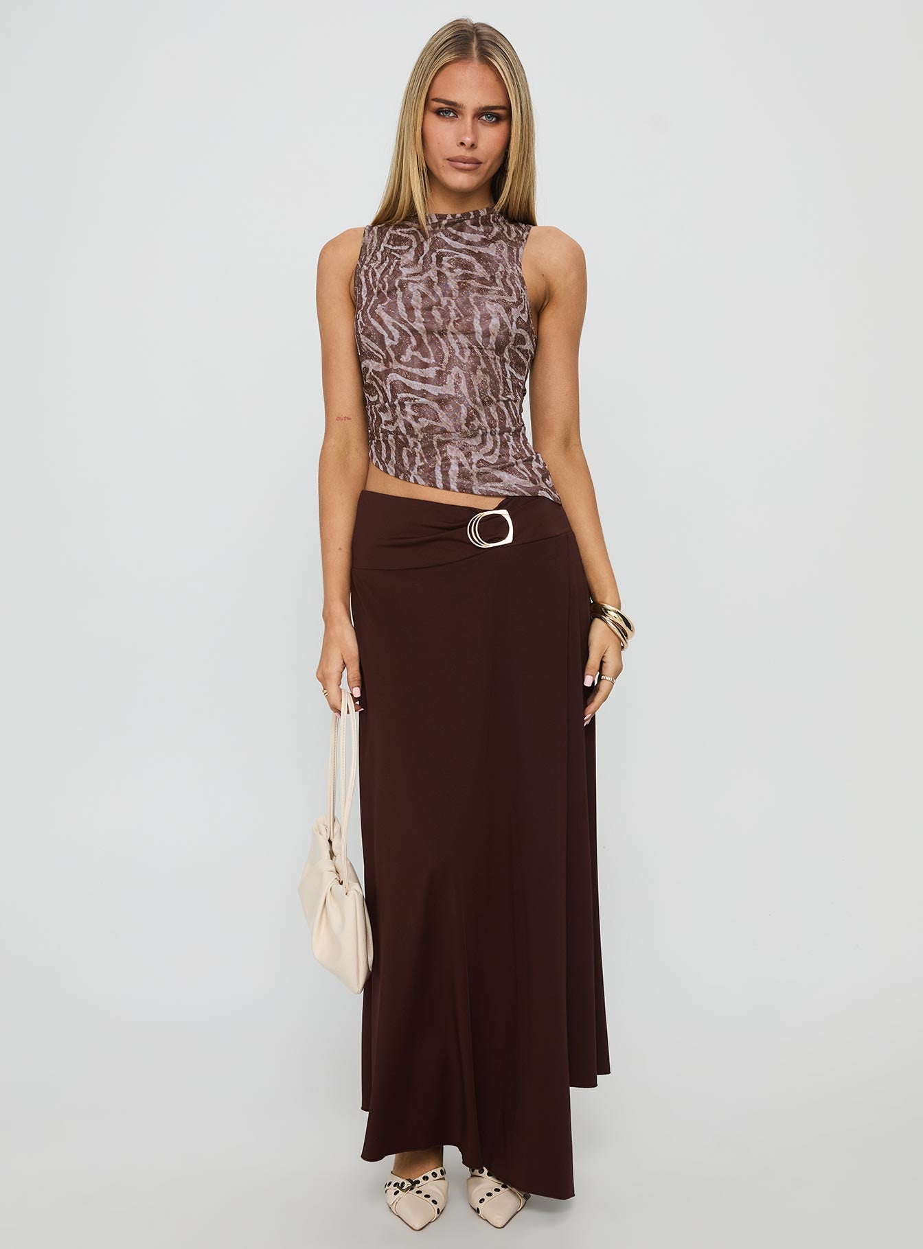   front view of model wearing Princess Polly Nola Hardware Slit Maxi Skirt Brown Maxi 