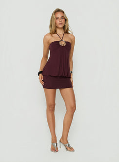 Betsey Ring Detail Tie Neck Mini Dress Burgundy
