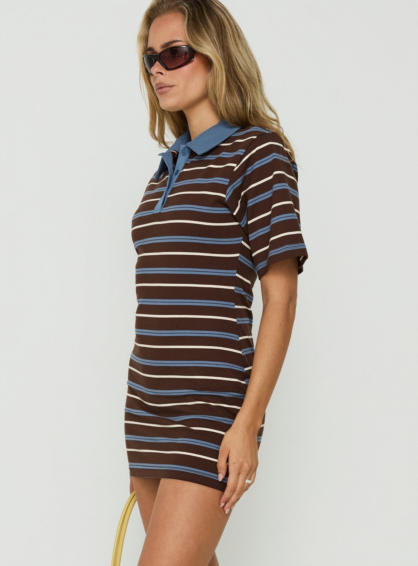 Klare Polo V Neck Mini Dress Chocolate Stripe