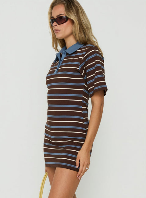 Klare Polo V Neck Mini Dress Chocolate Stripe