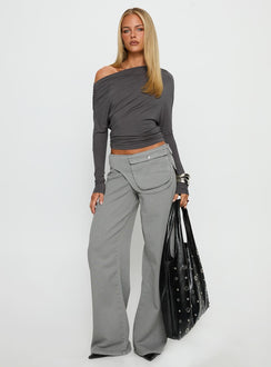 side view of model wearing Princess Polly Incognito Low Rise Wide Leg Cargo Jeans Grey Low Rise Jeans 