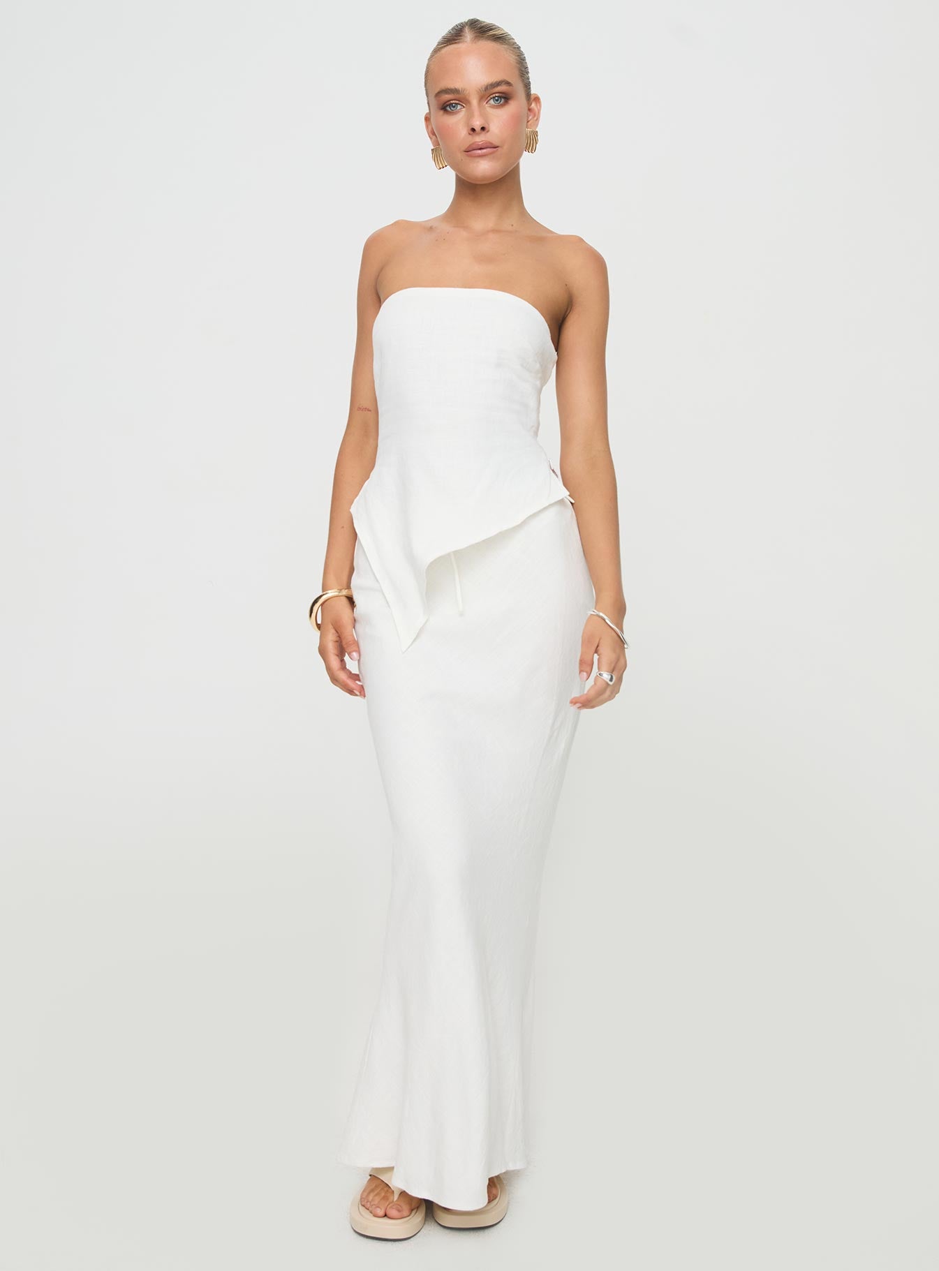 back view of model wearing Princess Polly Birdie Asymmetric Linen Blend Top White Sleeveless straight 