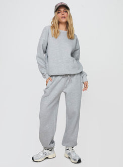 front view of model wearing Princess Polly Dream Fleece Ankle Cuff Sweatpants Grey Marle High Waisted Pants 