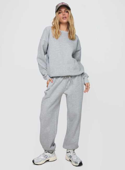 front view of model wearing Princess Polly Dream Fleece Ankle Cuff Sweatpants Grey Marle High Waisted Pants 