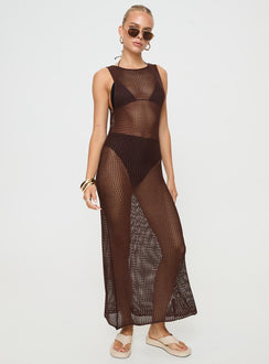 Brown Maxi dress Knit material, high neckline Slight stretch, unlined, sheer