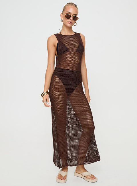 Brown Maxi dress Knit material, high neckline Slight stretch, unlined, sheer