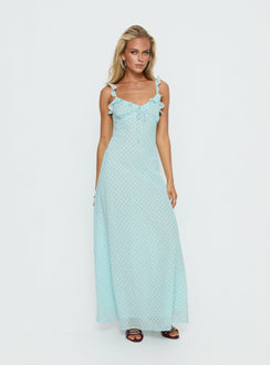 Aryelle Chiffon Frill Maxi Dress Blue Polka Dot