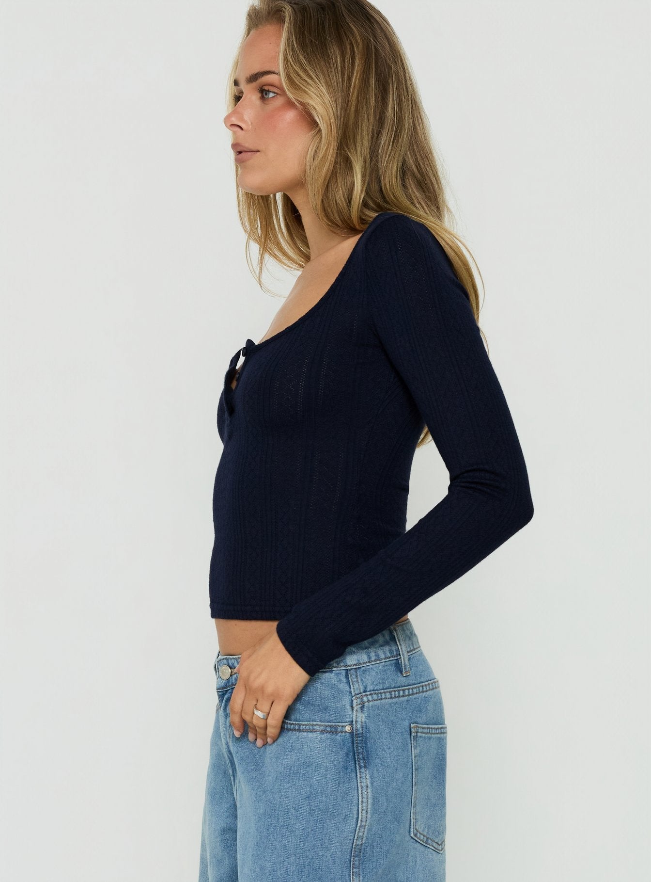 Imalee Long Sleeve Scoop Pointelle Top Navy
