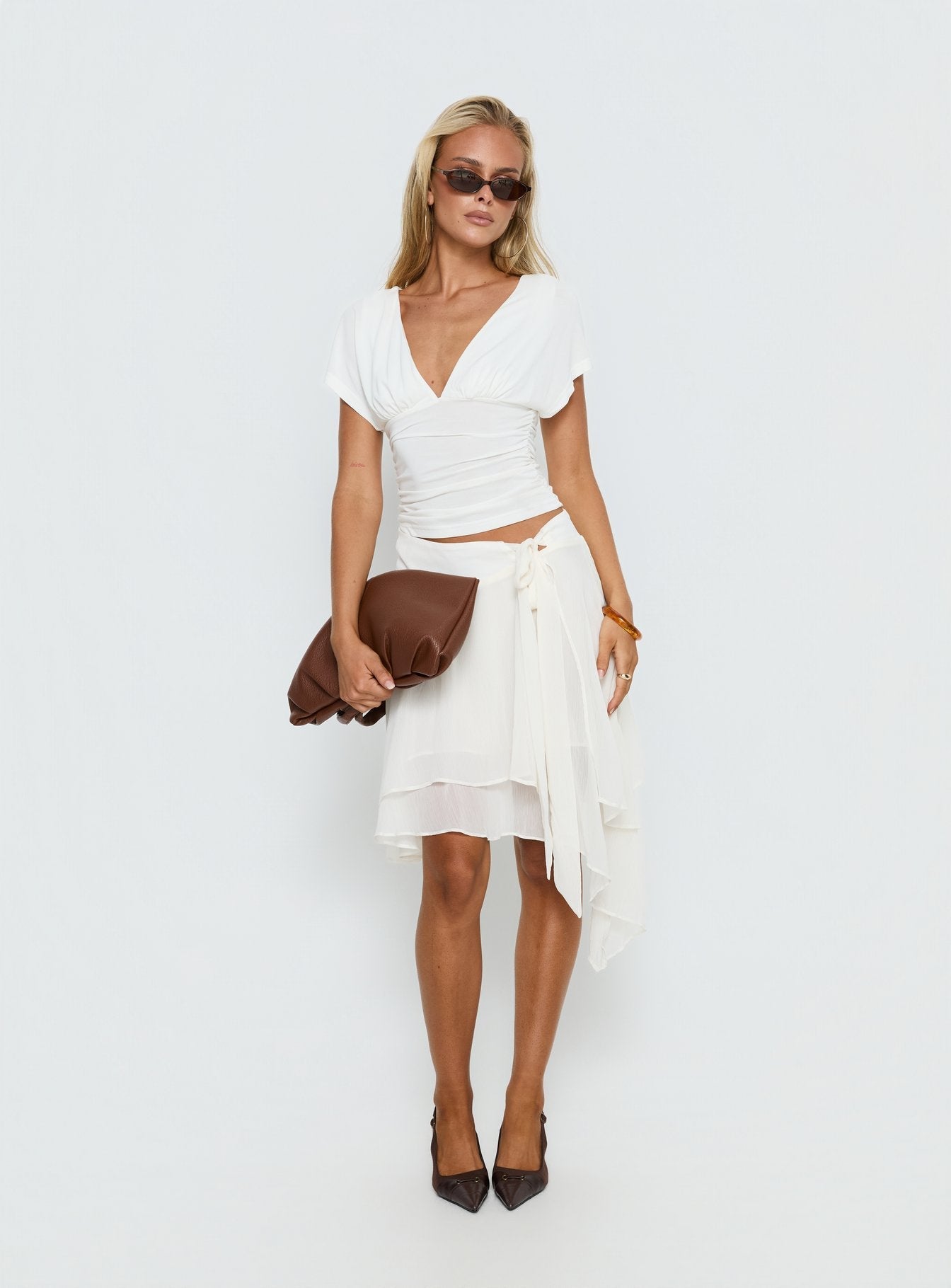 Ophella Tie Waist Chiffon Midi Skirt Cream