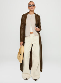Speak Easy Long Line Faux Leather Coat Brown