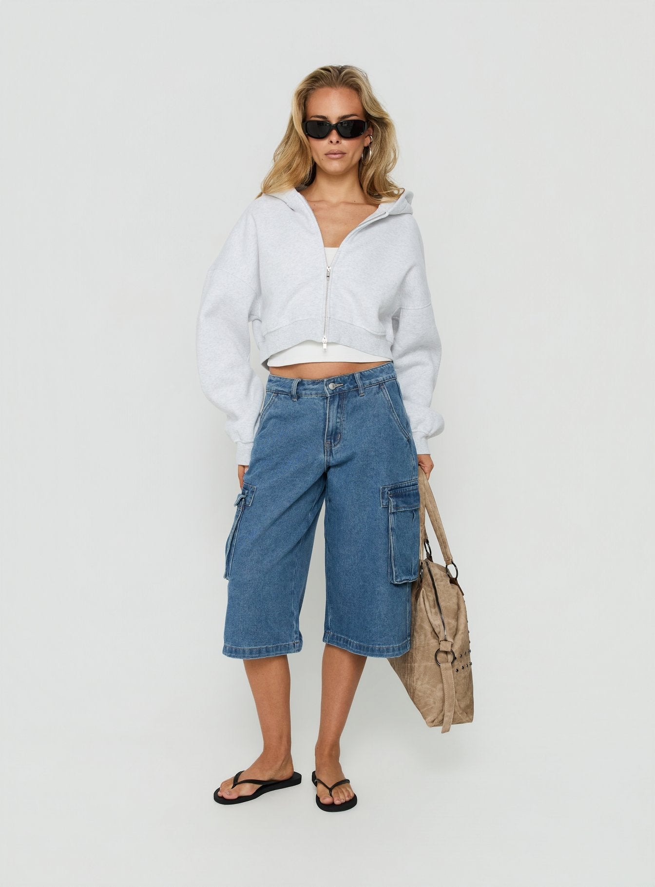 Hudsen Longline Cargo Denim Jorts Mid Blue Wash
