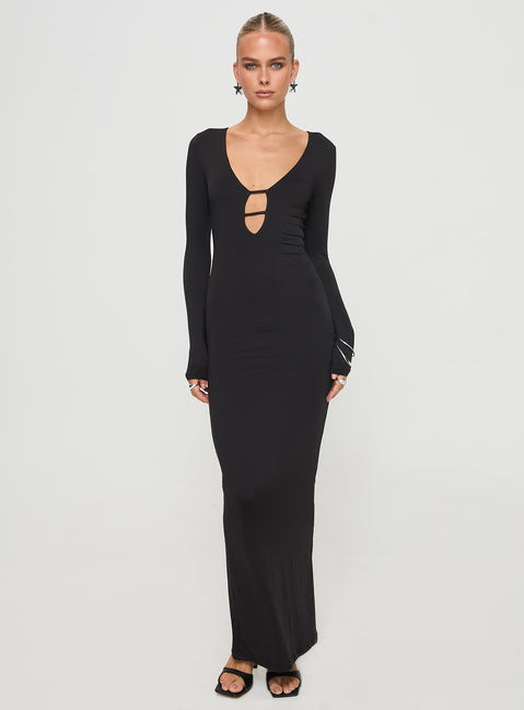 Long sleeve maxi dress Low neckline, cut out detail at bust Good stretch, fully lined Princess Polly Lower Impact