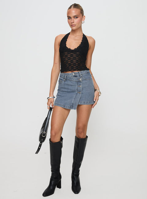   front view of model wearing Princess Polly Denis Mini Denim Skirt Light Blue Mini Skirts Skirts 