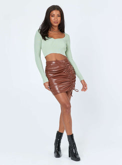   front view of model wearing Princess Polly Davis Ruched PU Mini Skirt Brown 