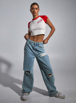 Front view of model wearing  front Princess Polly Sleeveless High Neck  JGR & STN All Star Baby Tee Vintage White / Red