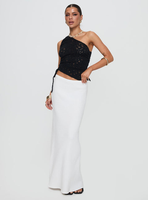 side view of model wearing Princess Polly Sensua One Shoulder Top Black Sleeveless Asymmetric Neckline 